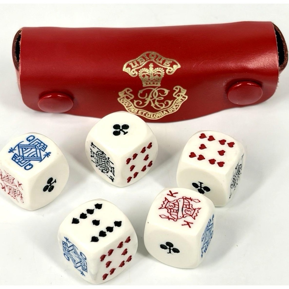 Vintage Royal Canadian Artillery Red Gold Embossed Leather Case Poker Dice Set